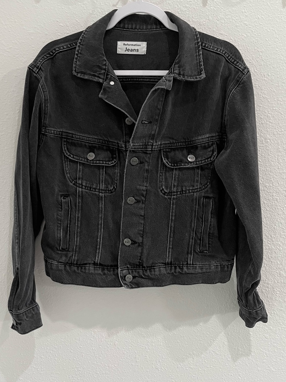 Reformation Distressed Oversized Denim Jacket Casual Neutral Moto Pockets Black